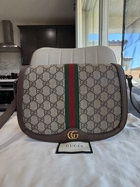Gucci GG Supreme Web Saddle Bag in Brown with Green & Red Stripe